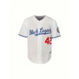 Men'S Black Legend 42 Embroidery Design Short Sleeve V-neck Loose Button Up Shirt, Men'S Retro Summer Baseball Jersey