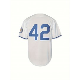 Men'S Black Legend 42 Embroidery Design Short Sleeve V-neck Loose Button Up Shirt, Men'S Retro Summer Baseball Jersey