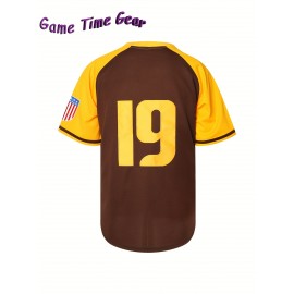Men's Baseball Sweatshirt #19 - Brown V-Neck Polyester Pullover with Yellow '19' & Letter Design, Loose Fit for Casual, Team Sports, Outdoor Activities (S-3XL), Versatile Pullover, Relaxed Fit Top, Quality Stitching