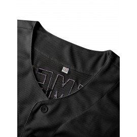 Men'S V-neck Baseball Jersey With Double Needle, Black, 7 Embroidered Letters, Polyester Knit Fabric Buttons
