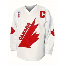 1pc Canada Hockey Jersey, Men's Long Sleeve V-Neck Polyester Pullover with Letter & Number, Loose Fit Sports Top for Training, Casual & Team Sports - Red & White, Sizes S-3XL, Athletic Clothing|Patriotic Design|Durable Wear