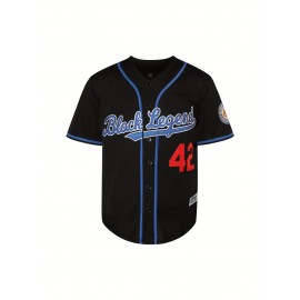 Men'S #42 Letter Embroidery Short Sleeve V-neck Loose Button Up Shirt, Men'S Summer Retro Casual Baseball Jersey, Party And Festival