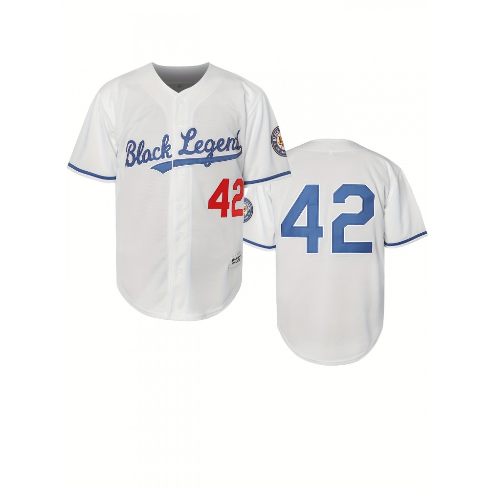 #42 Men's Retro Letter Embroidery Design Short Sleeve V-neck Breathable Button Up Shirt, Men's Summer Loose Baseball Jersey #42 Men's Retro Letter Embroidery Design Short Sleeve V-neck Breathable Button Up Shirt, Men's Summer Loose Baseball Jersey
