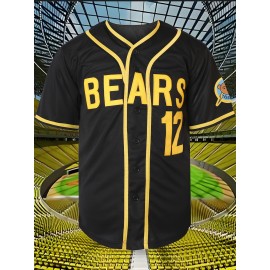 Men'S#12 Baseball Jersey, V-Neck Polyester Sports Top With Slight Stretch, Loose Fit With Button Closure, Letter And Number Pattern, Breathable Comfort For Training, Casual, Beach, Hiking - Sizes S-3XL
