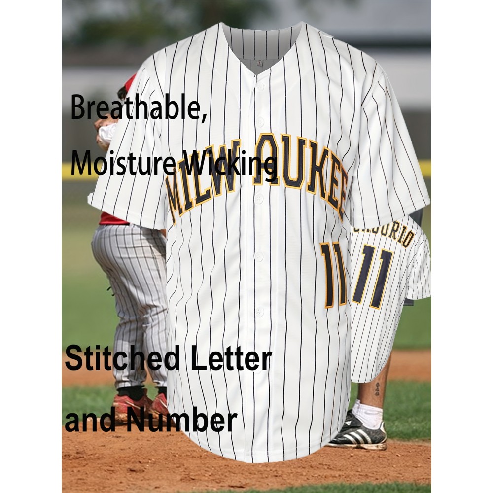 Men's #11 Embroidered Striped Baseball Jersey - V-Neck, Button-Up, Breathable Polyester - Perfect for Sports & Outdoor Activities