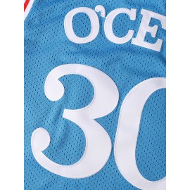 Men's #30 Blue Basketball Jersey - Breathable Sleeveless V-Neck Embroidered Uniform, Loose Fit for Sports, Outdoor & Casual Wear, All-Season Comfort, Machine Washable, Basketball Clothes, Team Apparel, Sporty Look, Embroidered Detailing