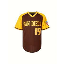 Men's San Diego 19 Baseball Jersey - Brown & Yellow V-Neck Short Sleeve, Lettering & Number 19, Loose Fit Polyester, Machine Washable for Casual, Outdoor, Sports, Party Wear, Outdoor Activity Apparel, Sporty Look, Detailing