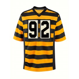 Men'S Yellow #92 Rugby Shirt, Breathable V-Neck Short Sleeve Training Top, Classic Embroidered American Football Jersey, Polyester Knit, Sports Casual, Running, Training, Hiking, Outdoor, Party, Loose Fit, Adult & Youth Unisex