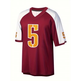 Men's Red #5 Breathable Rugby Jersey - V-Neck Short Sleeve Embroidered American Football Shirt, Loose Fit All-Season Training Top for Sports, Outdoor & Casual Wear, Durable Sports Fabric