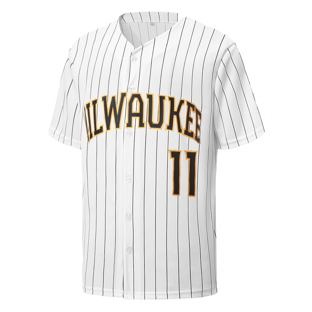 Men'S #11 Embroidered Striped Baseball Jersey - V-Neck, Button-Up, Breathable Polyester - Perfect for Sports & Outdoor Activities