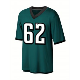 Men's Green #62 Embroidered Rugby Shirt - Breathable Polyester V-Neck Short Sleeve, Loose Fit Athletic Top for Training, Running & Outdoor Activities - All-Season Casual Wear for Adults & Teens, Sports Training Gear, Durable Sportswear