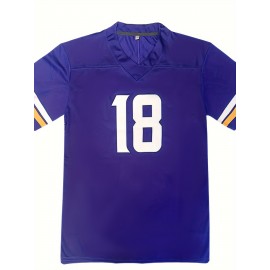 Polyester #18 Sports Jersey for Men - V-Neck, Embroidered, Slight Stretch Knit Fabric, All Seasons Casual & Outdoor Athletic Top for Running, Training, Hiking - Loose Fit Adult & Teen Shirt