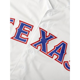 1pc Men'S Embroidered Texas 34 Baseball Jersey - Polyester V-Neck Sports Top with Slight Stretch, Knit Fabric, Button Closure - Versatile for Casual, Festive, Party, Sports Events - Loose Fit for Adults