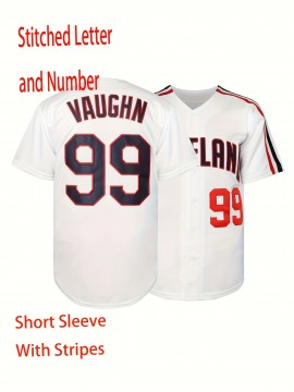 #99 White Jersey Men'S Embroidery Stitched Short Sleeve V Neck Loose Button Up Shirt, Men'S Baseball Jersey, Summer Party And Street