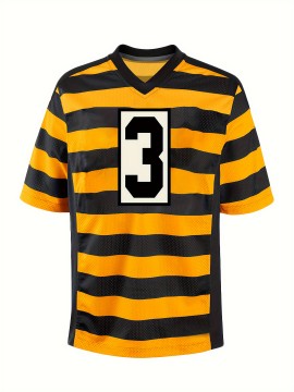 Men'S Polyester #3 Athletic Jersey - V-Neck Short Sleeve Rugby Shirt, Embroidered Striped Sportswear for Running, Training, Hiking, Outdoor Activities - Universal Fit for Adults & Teens
