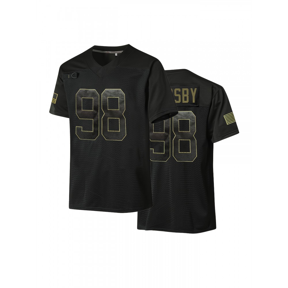 Men's Black #98 Breathable Rugby Jersey - V-Neck Short Sleeve, Classic Embroidered American Football Shirt with Distressed Golden Lettering, Loose Fit for Training, Outdoor Activities & Casual Wear, Durable Sportswear, Athletic Fabric