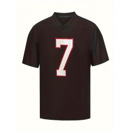 Men's Black #7 Embroidered Rugby Shirt - Breathable 100% Polyester V-Neck Jersey, Loose Fit Athletic Top for Running, Training, Hiking & Outdoor Activities - All-Season Machine Washable Sportswear for Adults & Teens