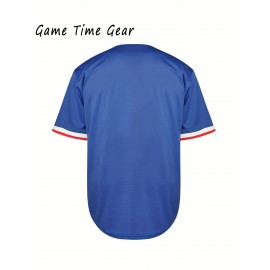 Men'S Blank Blue Embroidered Letter Baseball Jersey - V-neck Elastic Fit Suitable For Casual And Sports Wear S-3XL