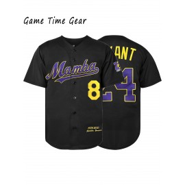 Men's Retro Baseball Jersey with Embroidered Number 24 - Loose V-Neck, Button-Up Sports Shirt for Summer Parties & Casual Wear, Purple with Yellow Accents, Sizes S-3XL