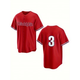 Men's Red #3 Philadelphia Lettered Baseball Jersey - V-Neck Short Sleeve Polyester Shirt, Loose Fit Button-Up for Sports & Casual Wear, Machine Washable, Sizes S-3XL, Outdoor Activity Apparel