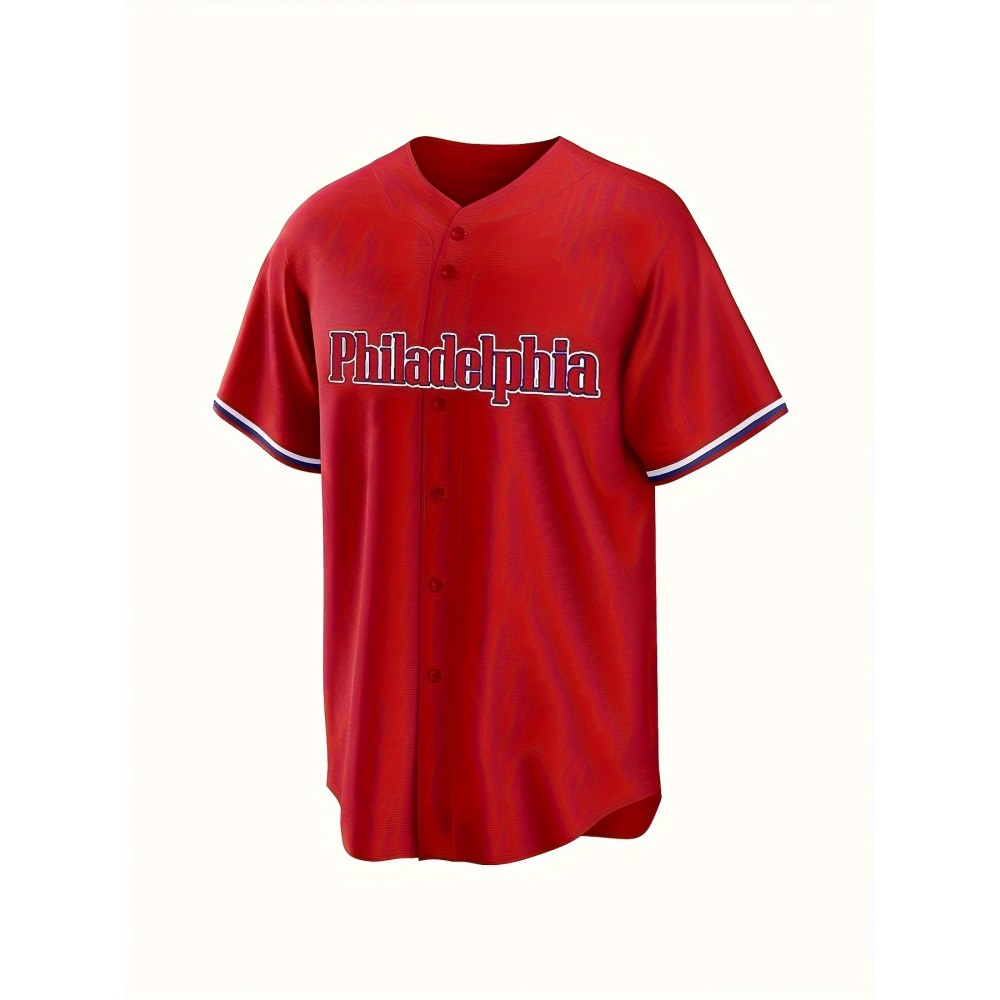 Men's Red #3 Philadelphia Lettered Baseball Jersey - V-Neck Short Sleeve Polyester Shirt, Loose Fit Button-Up for Sports & Casual Wear, Machine Washable, Sizes S-3XL, Outdoor Activity Apparel Men's Red #3 Philadelphia Lettered Baseball Jersey - V-Neck Short Sleeve Polyester Shirt, Loose Fit Button-Up for Sports & Casual Wear, Machine Washable, Sizes S-3XL, Outdoor Activity Apparel