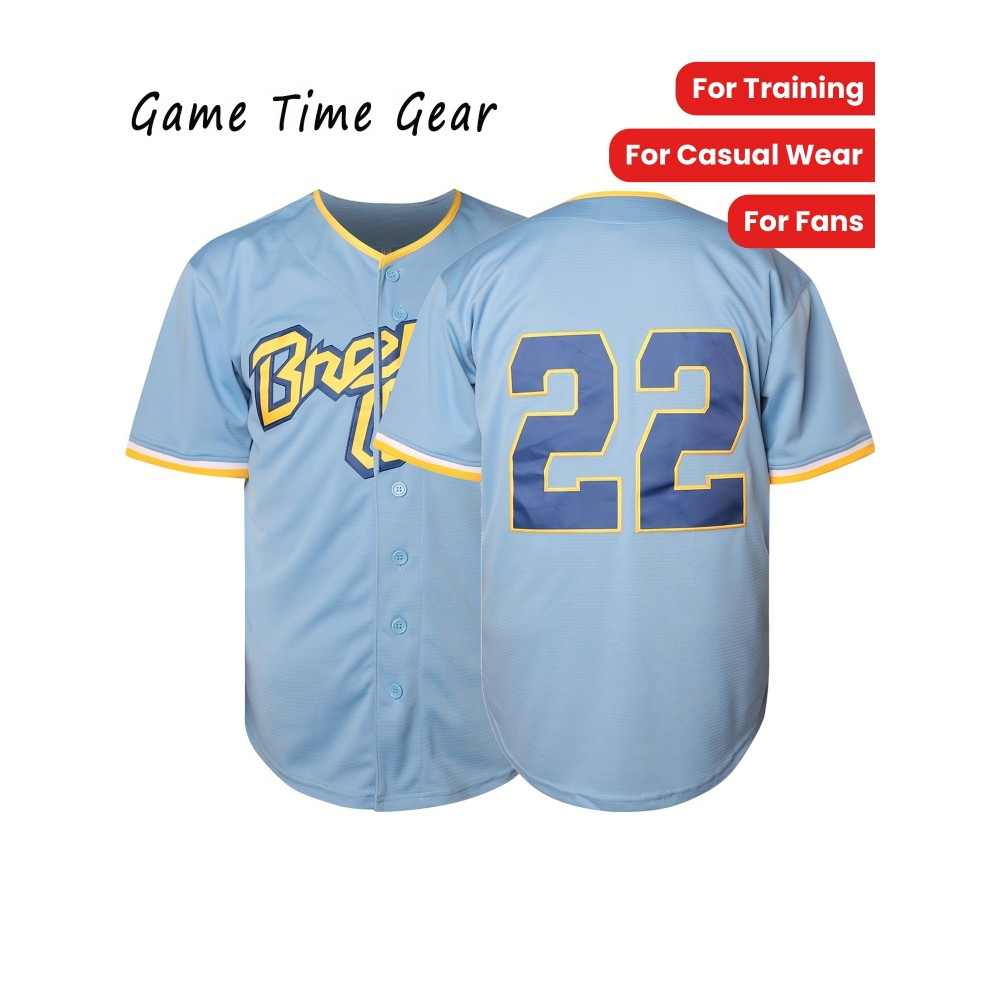 Men's #22 Embroidered Baseball Jersey - Light Blue V-Neck, Breathable & Durable for Training, Casual Wear, and Fans, Perfect for Game Day or Everyday Use, Outdoor Activewear | Striped Sports Jersey | Embroidered Detailing Men's #22 Embroidered Baseball Jersey - Light Blue V-Neck, Breathable & Durable for Training, Casual Wear, and Fans, Perfect for Game Day or Everyday Use, Outdoor Activewear | Striped Sports Jersey | Embroidered Detailing