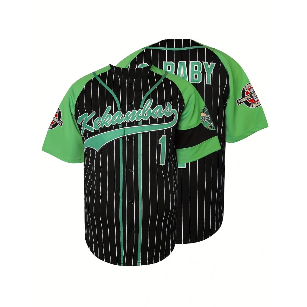 Men'S #1 Letter Embroidery Short Sleeve V-neck Loose Button Up Shirt, Men'S Summer Retro Casual Baseball Jersey, Party And Festival Men'S #1 Letter Embroidery Short Sleeve V-neck Loose Button Up Shirt, Men'S Summer Retro Casual Baseball Jersey, Party And Festival