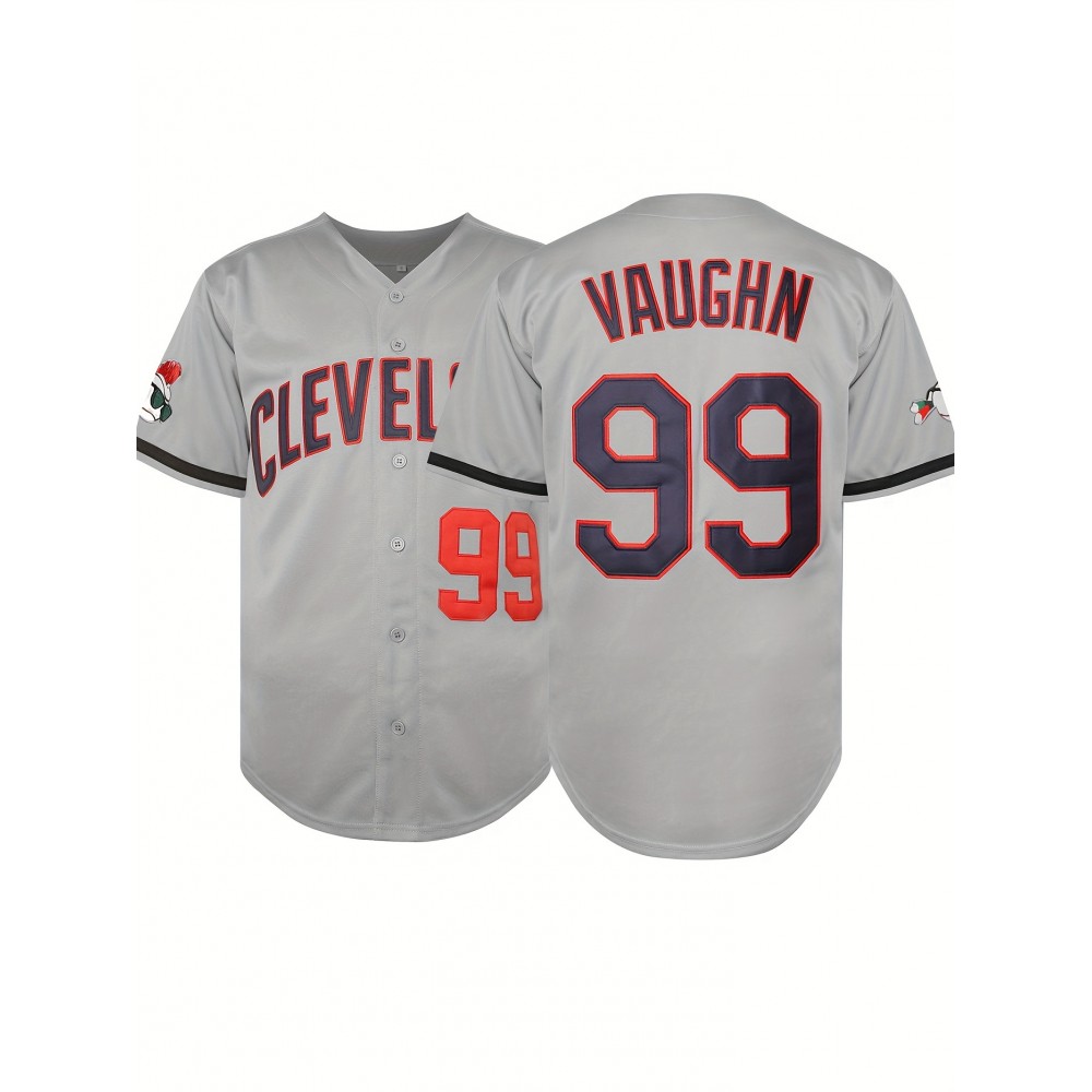 1pc Cleveland Sports Men's Baseball Jersey - V-Neck Loose Fit Polyester Knit Top with VAUGHN 99 Design, Red & Blue Accents, All-Season Casual & Festive Wear for Baseball, Parties, Outdoor Activities, Sports Apparel, Sporty Vneck Style, Detailing 1pc Cleveland Sports Men's Baseball Jersey - V-Neck Loose Fit Polyester Knit Top with VAUGHN 99 Design, Red & Blue Accents, All-Season Casual & Festive Wear for Baseball, Parties, Outdoor Activities, Sports Apparel, Sporty Vneck Style, Detailing