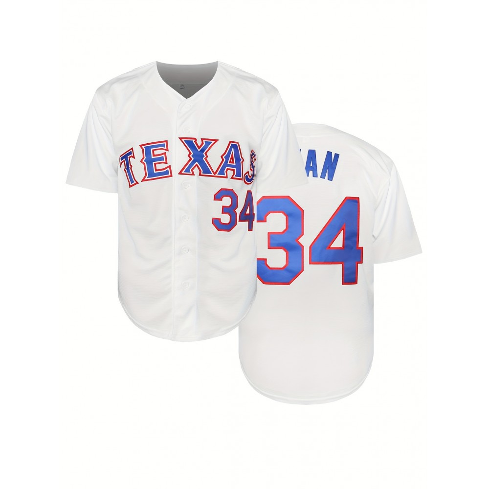1pc Men'S Embroidered Texas 34 Baseball Jersey - Polyester V-Neck Sports Top with Slight Stretch, Knit Fabric, Button Closure - Versatile for Casual, Festive, Party, Sports Events - Loose Fit for Adults 1pc Men'S Embroidered Texas 34 Baseball Jersey - Polyester V-Neck Sports Top with Slight Stretch, Knit Fabric, Button Closure - Versatile for Casual, Festive, Party, Sports Events - Loose Fit for Adults