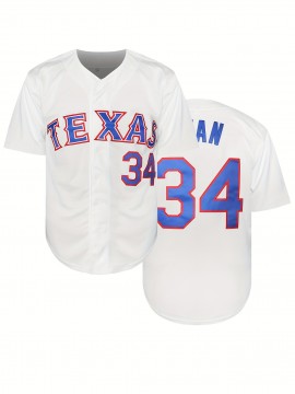 1pc Men'S Embroidered Texas 34 Baseball Jersey - Polyester V-Neck Sports Top with Slight Stretch, Knit Fabric, Button Closure - Versatile for Casual, Festive, Party, Sports Events - Loose Fit for Adults